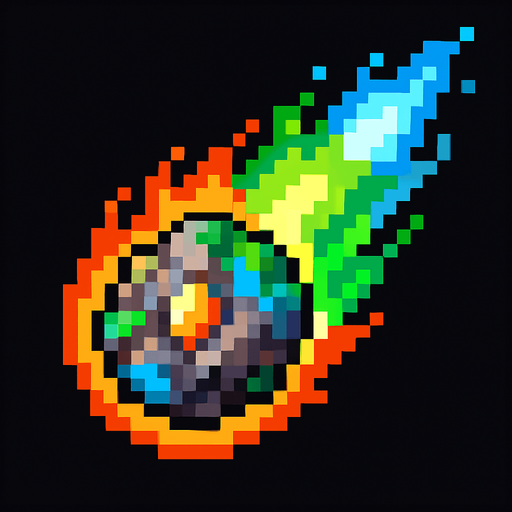 Generame unm meteorito pixelar elemental con todos los elementos.
In-Game asset.  2d.  High contrast.  No shadows
