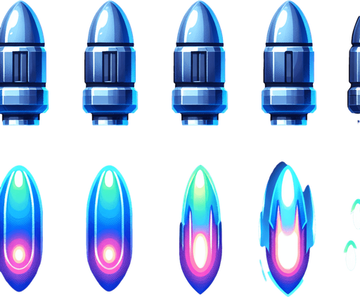 Bullets should have a sleek, futuristic design, such as glowing projectiles, plasma shots, or energy beams.
Use bright, contrasting colors (e.g., blue or green) to differentiate them from alien attacks..
Single Game Texture. In-Game asset. 2d. Blank background. High contrast. No shadows.