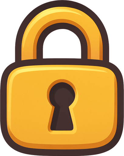 A small, flat 2D padlock icon designed for mobile games. The lock should be cartoon-style with a rounded body, thick outline, and a keyhole in the center. Use soft shadows and a slight 3D effect. The color should be golden yellow or metallic gray, clearly visible when placed over a flag. The icon must have a transparent background and be suitable for overlaying on a world map UI in a kids’ adventure game..
In-Game asset.  2d.  High contrast.  No shadows
