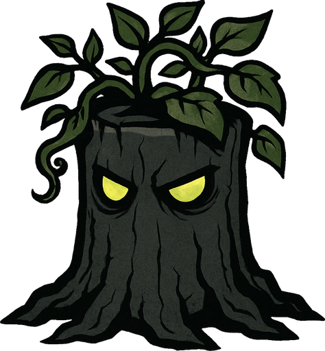 Cuerpo principal: Tiene forma de tronco cortado, de color gris oscuro con textura agrietada, lo que le da un aspecto envejecido o pétreo. La parte inferior tiene bordes irregulares que simulan raíces o madera desgastada.

Ojos: Tiene dos ojos brillantes de color amarillo verdoso, con una expresión amenazante o intimidante. No tiene boca visible.

Parte superior: Le crecen enredaderas verdes con hojas que sobresalen por arriba, dándole un toque vegetal y natural, como si la criatura estuviera conectada a la naturaleza o corrompida por ella.

Estilo general: El diseño es oscuro y misterioso, probablemente representa a un enemigo o criatura poderosa en un juego tipo Plants vs. Zombies..
In-Game asset.  2d.  High contrast.  No shadows