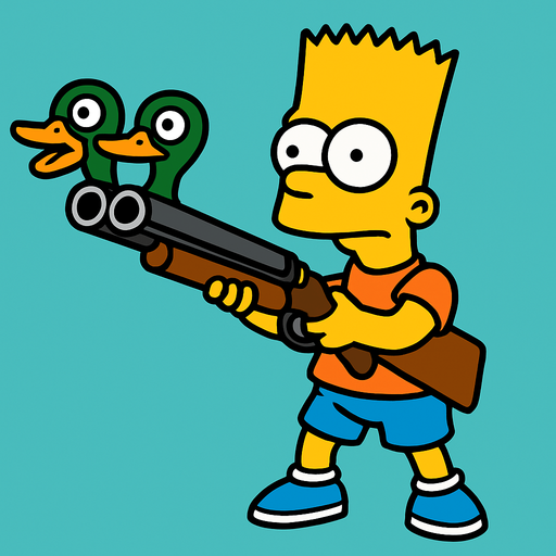 Bart holding a shotgun with 2 duck heads instead of barrels and make sure that Bart's body is fully visible
In-Game asset.  2d.  High contrast.  No shadows