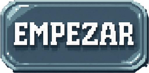 Transparent, colorless glass button that says "Empezar" (Spanish for "Start"), featuring an adventure video game font and Pixel Art style.