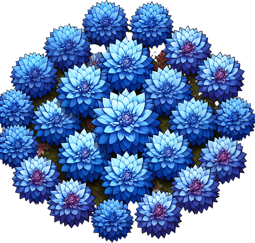 A sprite sheet of different blue dahlia seen from above. Cartoon. All similar size. Just the blossom. Bold colors and shading. 
Single Game Texture. In-Game asset. 2d. Blank background. High contrast. No shadows.