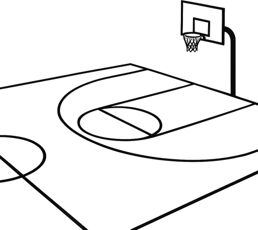 A minimalist black and white basketball court background. The court is shown from a side view or slightly isometric angle. It includes clear outlines for the hoop, backboard, half court line, and three-point arc, all in clean black lines on a white surface (or vice versa). The style is modern, simple, and flat — no players, just the environment..
In-Game asset.  2d.  High contrast.  No shadows