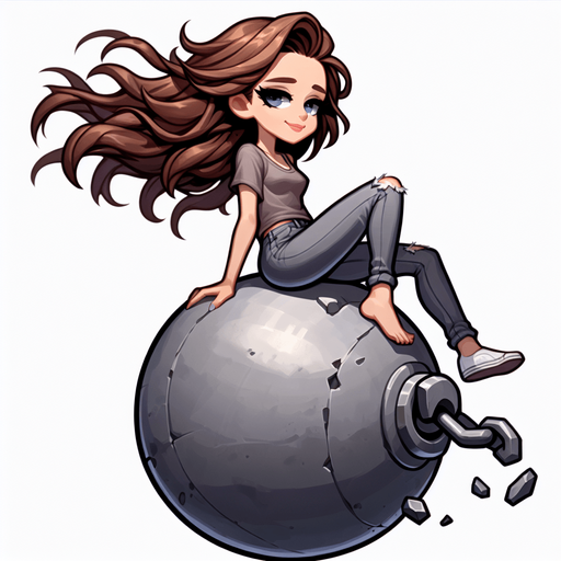 girl sitting on Wrecking Ball, cartoon style..
Single Game Texture. In-Game asset. 2d. Blank background. High contrast. No shadows.