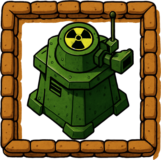 Top view of an Green defense Military tower large Toxic, in the desert, the image has a square border outlined by military defense Brown sandbags.
In-Game asset.  2d.  High contrast.  No shadows