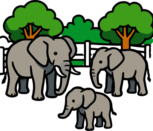 elephants in elephant enclosure.
In-Game asset.  2d.  High contrast.  No shadows