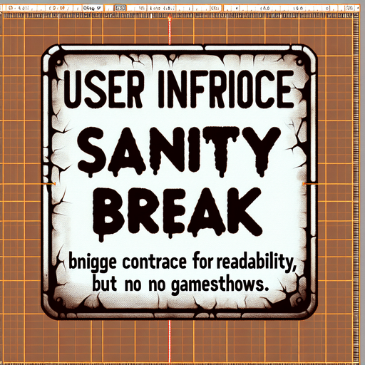 Horror game UI sign, "SANITY BREAK"
Single Game Texture. In-Game asset. 2d. Blank background. High contrast. No shadows.