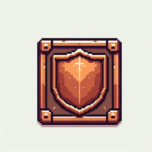Square flat shield made of bronze pixelart rectangular.
Single Game Texture. In-Game asset. 2d. Blank background. High contrast. No shadows.