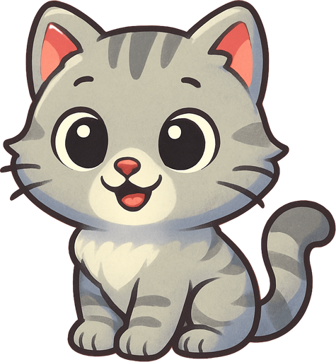 A cute cartoon-style cat character for a mobile game. Soft fluffy fur, big round eyes, small triangular ears, pink nose, and a curled tail. Light gray or orange color, standing or sitting with a playful and happy expression. High-quality digital illustration with a simple, colorful background. Ideal for a fun and friendly kids game.”.
In-Game asset.  2d.  High contrast.  No shadows. cartoon style