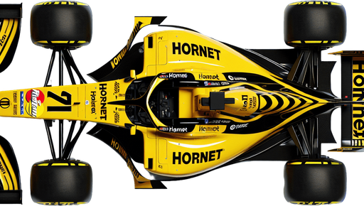 F1 race car from 2001. Yellow body with black sponsors and hornet logos with MasterCard sponsor. TOP VIEW!.
Single Game Texture. In-Game asset. 2d. Blank background. High contrast. No shadows.