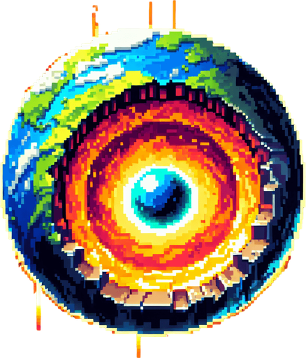 pixel art earth Core.
Single Game Texture. In-Game asset. 2d. Blank background. High contrast. No shadows.