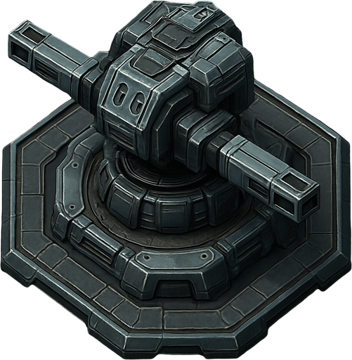 Namlusu olmayan, Teknolojik askeri kule, üstten görünüm, gerçekçi, yazısız.
In-Game asset.  High contrast.  No shadows