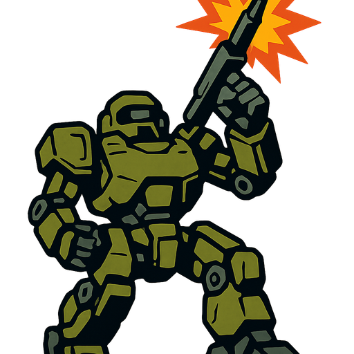 vertical top down style image. military robot shoot upwards front.
In-Game asset.  2d.  High contrast.  No shadows