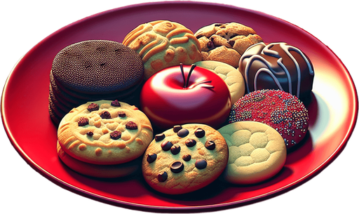 photorealistic red plate of cookies, profile view.