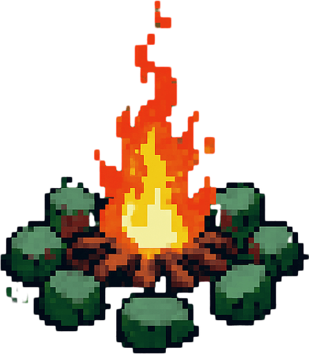 A post-apocalyptic green forest area with a campfire in the middle and stones around it,pixel art,less pixel,some bushes around.
In-Game asset.  2d.  High contrast.  No shadows. Pixel art
(View from above)