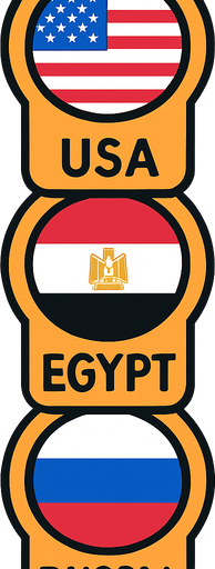 A flat, 2D game UI-style asset showing a vertical set of three country pins labeled: "USA", "Egypt", and "Russia". Each pin includes a circular flag icon above the text label. The layout is columnar, cartoonish, and visually clean. Each pin should be exportable or usable individually for a mobile game's level selection screen..
In-Game asset.  2d.  High contrast.  No shadows