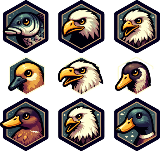 A sprite sheet for game icons featuring a fish, an eagle and a mallard. Hexagon icons featuring the head of animal. 
Single Game Texture. In-Game asset. 2d. Blank background. High contrast. No shadows.