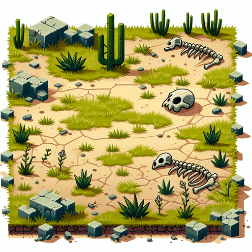 In a wasteland, there are some green plants and some animal bones around..
Single Game Texture. In-Game asset. 2d. Blank background. High contrast. No shadows.
