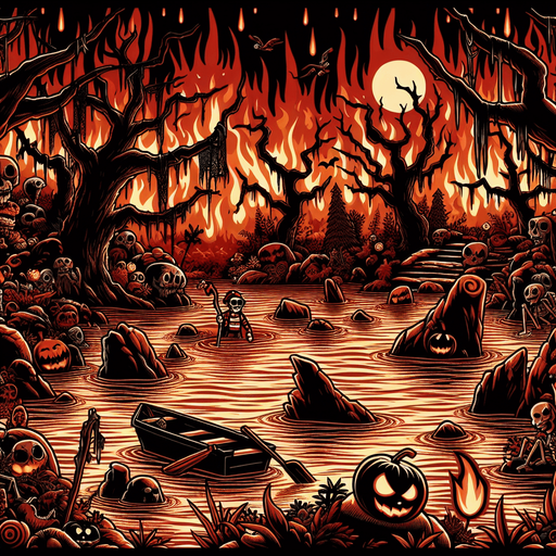 Generate a high quality cartoon background Halloween image on a black canvas similar to the format of where is waldo with a hellish lake environment.
Single Game Texture. In-Game asset. 2d. Blank background. High contrast. No shadows.
