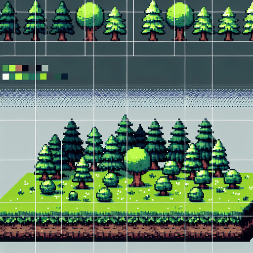8 bit forrest.
Single Game Texture. In-Game asset. 2d. Blank background. High contrast. No shadows.