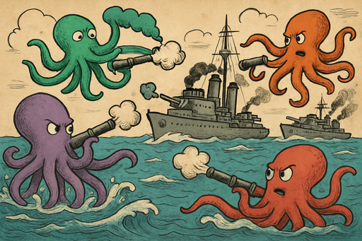 guerra de pulpos con cañones, que sean de diferentes colores los pulpos de diferentes, tipo dibujo contra buques de guerra