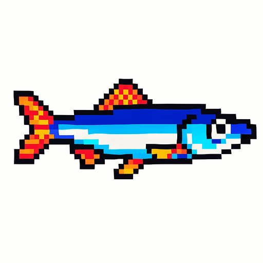 An anchovy. 80s arcade machine graphics. 
Swimming Side profile. White background. 
In-Game asset.  2d.  High contrast.  No shadows