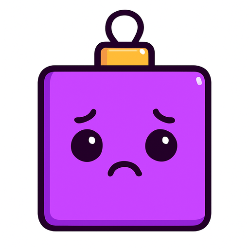 a sad Perfectly square bright purple Christmas decoration with cute . Cartoon style. Cute art style. Simple vector style..
In-Game asset.  2d.  High contrast.  No shadows