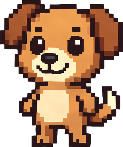 El perro debe ser un personaje adorable y expresivo en estilo pixel art, con cuerpo compacto y simpático, orejas grandes (pueden ser caídas o puntiagudas según la raza), ojos redondos y brillantes que transmitan alegría, y una cola visible que se mueva suavemente; su pelaje puede ser marrón, beige, blanco o una combinación simple de colores, con un diseño caricaturesco fácil de reconocer; debe estar de pie sobre dos patas traseras como un personaje antropomorfo, con una leve sonrisa y movimiento de balanceo o parpadeo como animación sutil; el fondo debe ser transparente y su estilo visual debe encajar en un juego casual, amigable y colorido..
In-Game asset.  2d.  High contrast.  No shadows