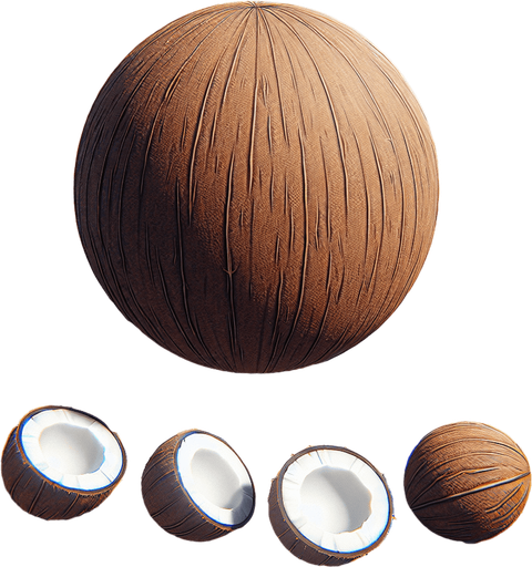 A coconut and a few pieces of coconut.
Single Game Texture. In-Game asset. 2d. Blank background. High contrast. No shadows.