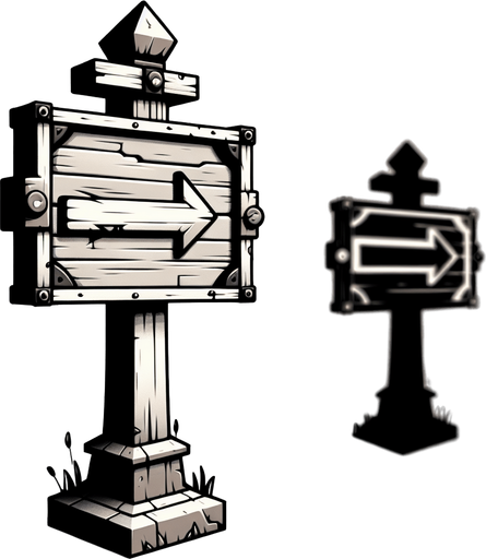 Cartel medieval con forma de flecha hacia la derecha.
Single Game Texture.  In-Game asset.  2d.  Blank background.  High contrast.  No shadows