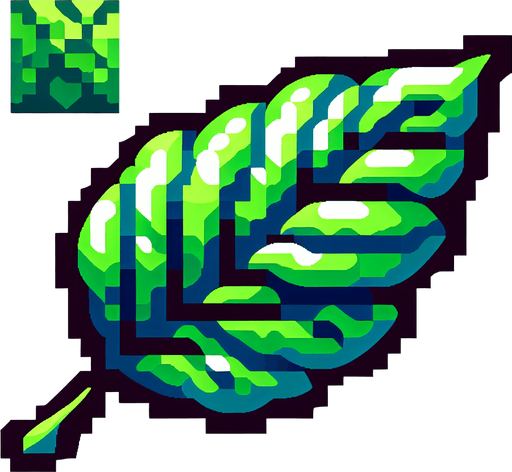 pixel art green leaf.
Single Game Texture.  In-Game asset.  2d.  Blank background.  High contrast.  No shadows