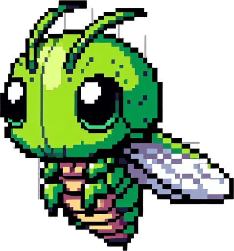 chibi 8 bit image green hopper insect anime protagonist.
Single Game Texture.  In-Game asset.  2d.  Blank background.  High contrast.  No shadows