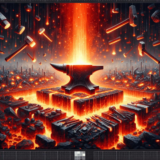Backdrop: A grand forge surrounded by molten lava and glowing hammers mid-swing.

Colors: Fiery reds and oranges with metallic silver and gray.

Details: Sparks flying and glowing weapon fragments scattered around..
Single Game Texture. In-Game asset. 2d. Blank background. High contrast. No shadows.