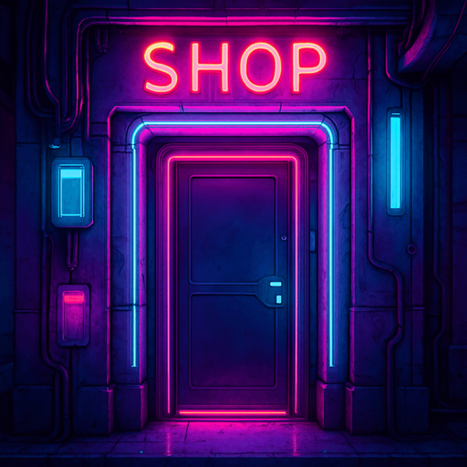 Neon cyberpunk door shop entryway storefront entrance doorway