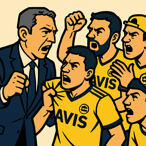 taraftarlarla kavga eden bir fenerbahce başkanı oluştur , başkan takım elbise giyiyor olsun , başkanın tipi ali koca benzesin .  taraftarlar da sarı fb forması giyen taraftar olsunlar.
In-Game asset.  2d.  High contrast.  No shadows