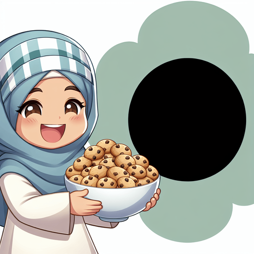 A cute girl happily eating way too many vanilla cookies. Single Game Texture. In-Game asset. 2d. Blank background. High contrast. No shadows.