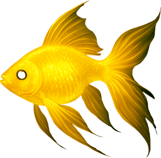 A conceptual design of a golden, yellow-colored fish with a unique, bioluminescent quality. Its body is a vibrant yellow-gold, and the scales appear to subtly glow, as if illuminated from within. Its fins are long and flowing, resembling flowing silk, giving the fish an ethereal quality. The fish's eyes are large and black, providing a stark contrast to its bright body. It's swimming in a dark, deep-blue water, creating a dramatic visual effect. The colors and the composition are rendered in a high-resolution image with a sharp focus, ensuring every detail of the fish's body and its bioluminescence is visible, creating a visually stunning and memorable artwork..
In-Game asset.  2d.  High contrast.  No shadows. fish