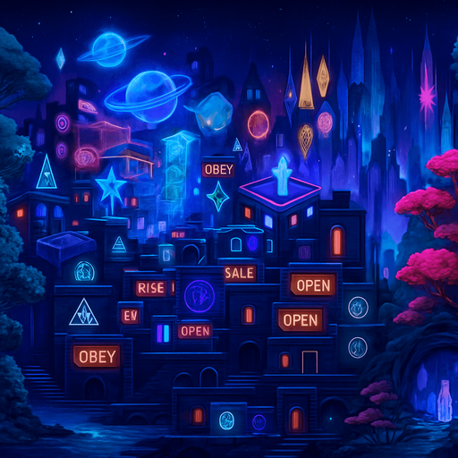 Expand on both sides landscape orientation neon cyberpunk metropolis world sidescrolling platformer futuristic holograms skyline jewel-tones forest cosmos ocean subterranean glowing simulation projection fantasy sci-fi background