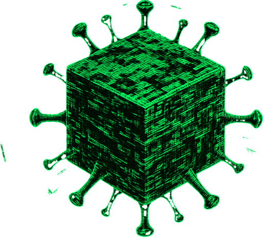 massive cube-shaped virus, distorted glitch surfaces, holographic data streams, topdown view, green and black colors, digital corruption texture, symmetrical, circular.
In-Game asset.  2d.  High contrast.  No shadows