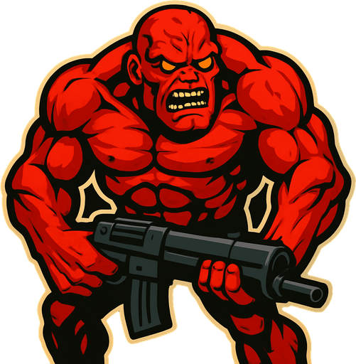 boss zombi çok kaslı akıllı ve silahlı sinirli kızgın ve ten rengi kırmızı.
In-Game asset.  2d.  High contrast.  No shadows