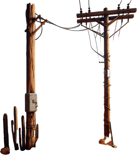 wooden electric pole on a desert road.
video game style