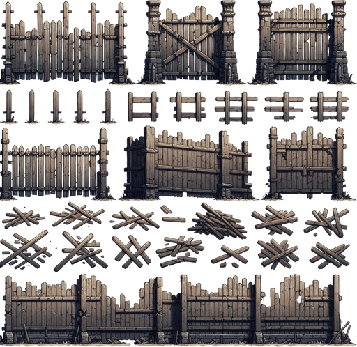 A spritesheet of tall wooden barricades and pallisades from medieval times, including some frames where these have been destroyed and broken into smaller parts..
Single Game Texture. In-Game asset. 2d. Blank background. High contrast. No shadows.