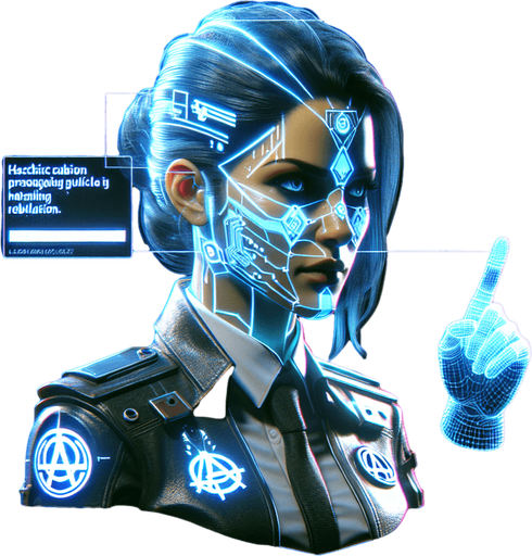 A hologram projection of a rebel secret agent bust, with a futuristic cyberpunk style. The agent is a confident woman in a rugged yet high-tech suit, adorned with subtle anarchist symbols and glowing blue accents. Her look conveys authority and high rank within an underground rebel group, with a determined and defiant expression as she gives hacking instructions to the player..
Single Game Texture. In-Game asset. 2d. Blank background. High contrast. No shadows.