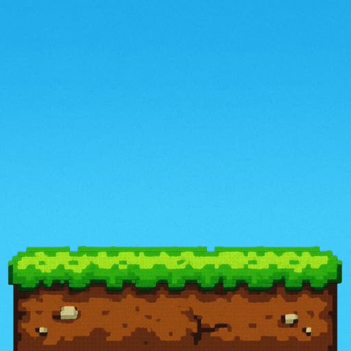 El suelo debe ser una plataforma horizontal clara y visible en la parte inferior de la pantalla, con diseño tipo césped verde brillante sobre tierra marrón, estilo pixel art, con bordes irregulares o redondeados para que no se vea plano ni rígido; puede tener pequeños detalles como piedritas o raíces, pero sin recargarlo, y debe contrastar bien con el cielo para que el personaje destaque al caminar sobre él..
In-Game asset.  2d.  High contrast.  No shadows