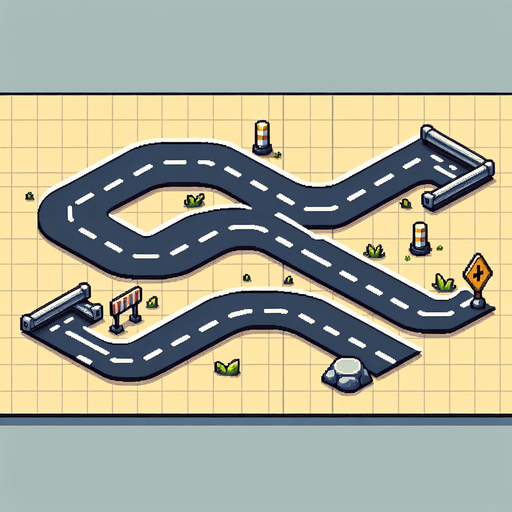 A road going left turn right turn speed pump & obstacle.
Single Game Texture.  In-Game asset.  Blank background.  High contrast.  No shadows