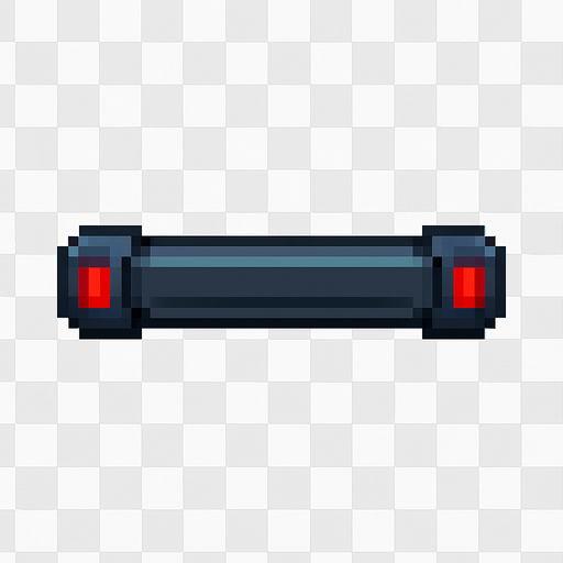 A horizontal paddle for a 2D breakout arcade game, styled like a laser weapon but without active lasers.
Color: dark metallic blue with red glowing accents on each side, similar to a powered-down version of a laser cannon.
Keep the same shape and style as a laser paddle but make it look inactive.
Top-down view, centered, transparent background.
Resolution: 128x32 px.