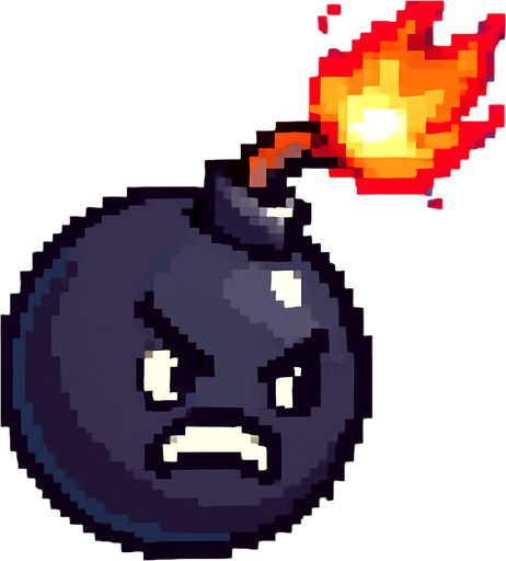 La bomba debe tener un diseño caricaturesco, en forma de esfera negra o gris oscuro con un brillo suave, una mecha encendida con fuego animado en la punta, y si es posible, una carita enojada o con expresión divertida; su estilo debe pixel art limpio, con líneas simples y colores llamativos para que resalte bien contra el fondo del cielo, y debe tener un ligero giro o movimiento mientras cae para darle vida..
In-Game asset.  2d.  High contrast.  No shadows