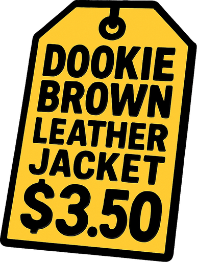 price tag that's says Dookie Brown Leather Jacket $3.50.
In-Game asset.  2d.  High contrast.  No shadows