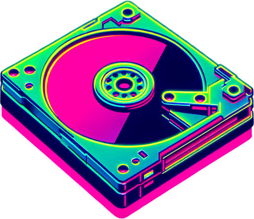 retro cyberpunk datadisk in neon colors.
Single Game Texture. In-Game asset. 2d. Blank background. High contrast. No shadows.